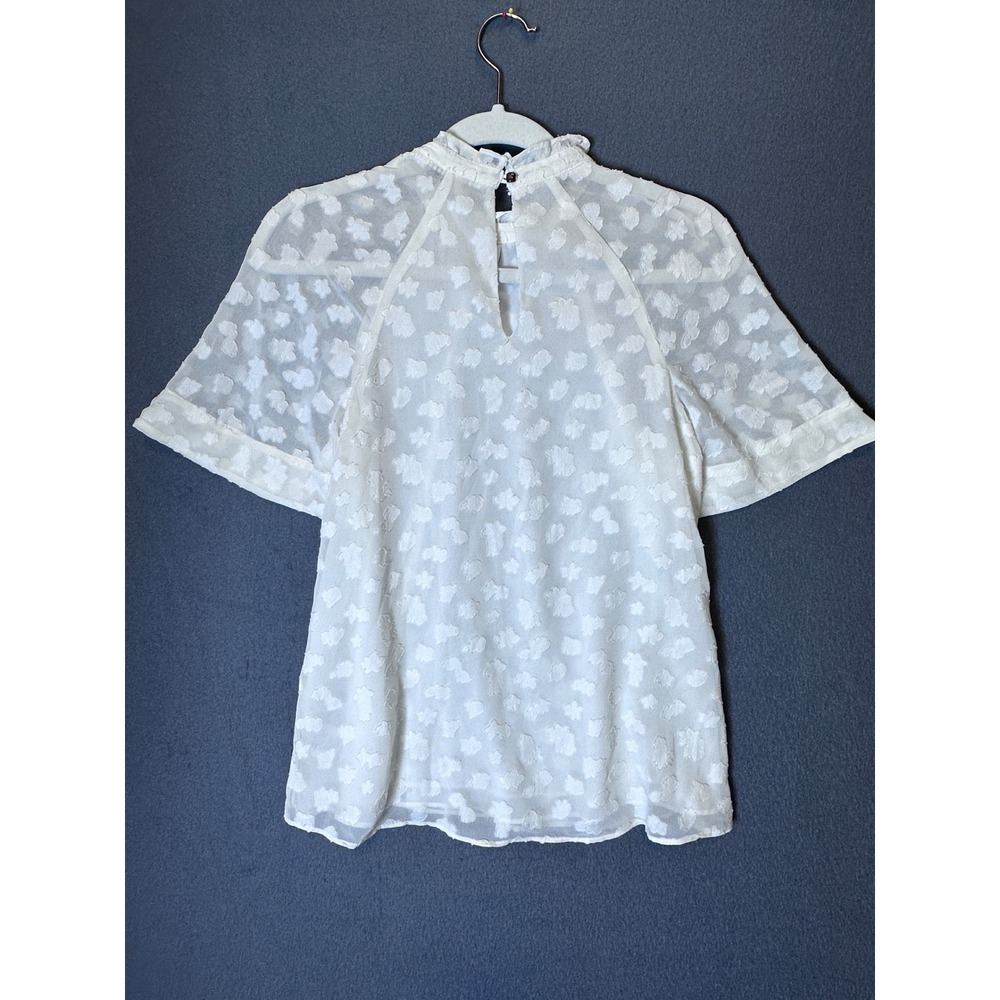 Anthropologie Feather Bone XS White Clip Dot Feminine Ruffle Neck Blouse Boho - Picture 7 of 8